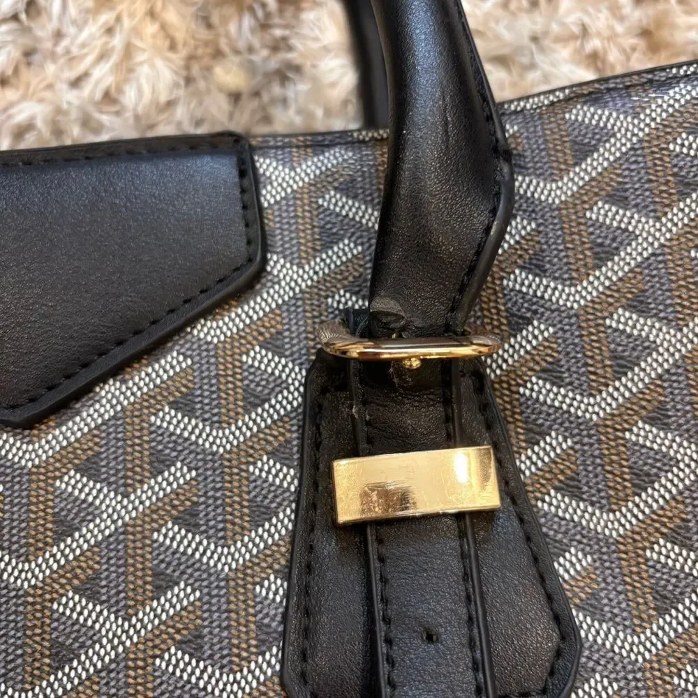Monogram Zip Top Tote Bag Brown Black Crossbody Satchel Large Faux Leather